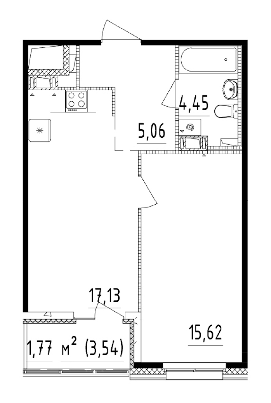 1-комнатная квартира 42.26 м², 11/14 эт., ЖК «Чёрная речка»